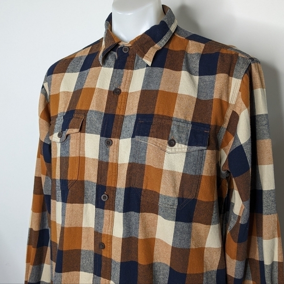 ✨3/$15 Red Head orange blue cream plaid flannel 100% cotton button up L - Picture 3 of 8